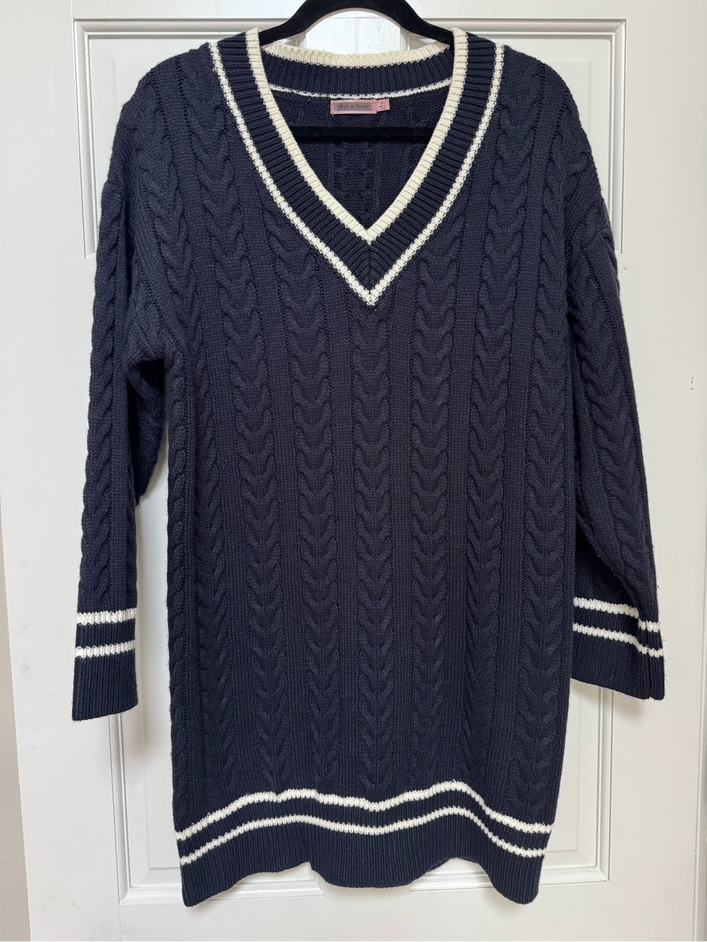 V-Neck Varsity Cable Knit Sweater Dress - Navy with Cream Trim